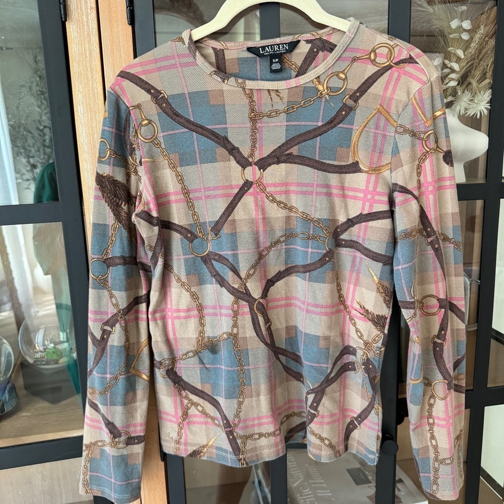 Ralph Lauren equestrian plaid long sleeve top chains hardware preppy stretch